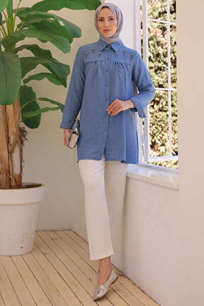 benguen 673 قميص بتفاصيل خرز نيلي