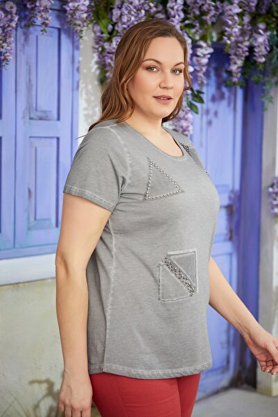 Imagine Giyim The Elegance of Smoke: Women's Geometric Print Stone Embroidered Large Size T-Shirt