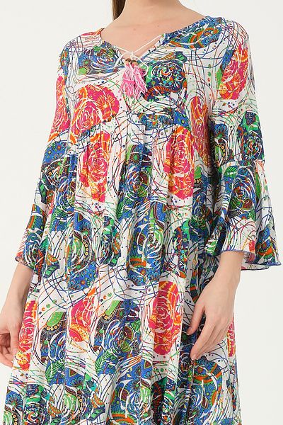 Bojack Collection Ethnic Authentic Patterned Oversize Large Size Sleeve Frilly Viscose Women's Dress