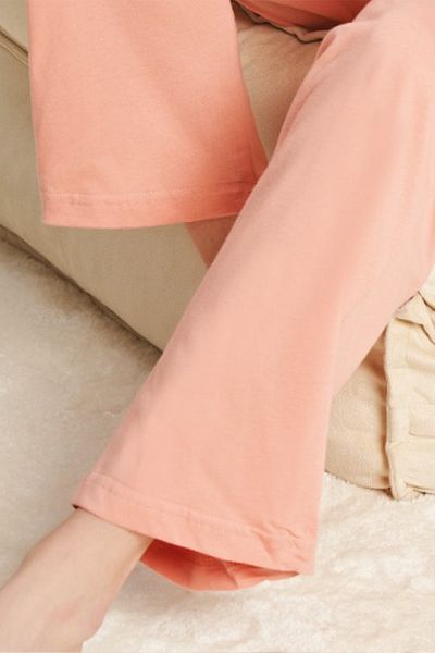 BSM High Quality Women's Pajamas Set - Salmon Color, Neck Buttoned, Short Sleeve Shirt Model, 100% Combed Cotton