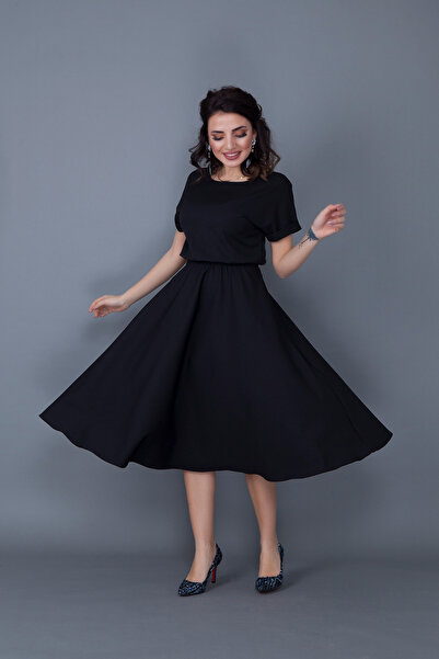 bayansepeti فستان متوسط الطول من قماش أطلس أسود قابل للتمدد بخصر مطاطي وتفاصي...