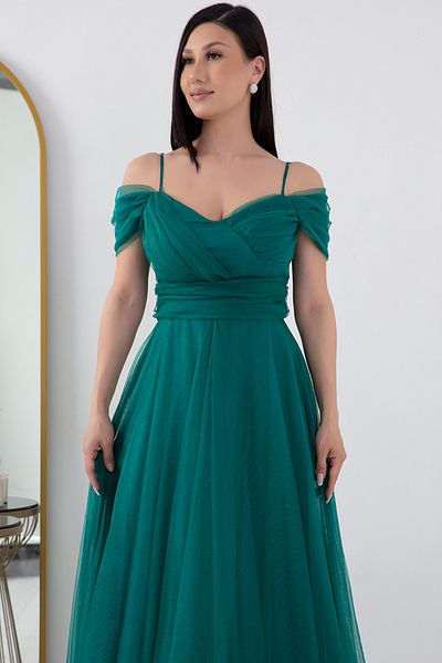 PULLIMM Strappy Madonna Collar Long Tulle Dress 13413