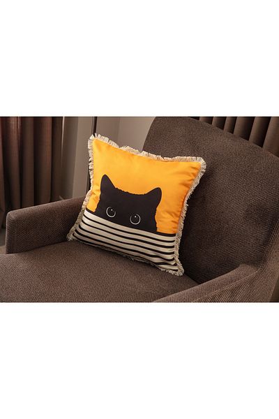 BUGİ HOME COLLECTİON 43x43 Patterned Cat Fringed Double Sided Case