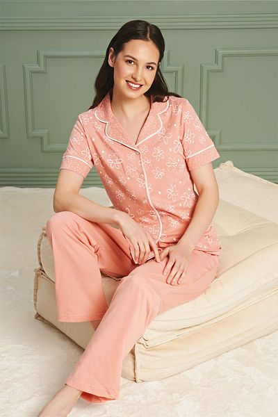 BSM High Quality Women's Pajamas Set - Salmon Color, Neck Buttoned, Short Sleeve Shirt Model, 100% Combed Cotton