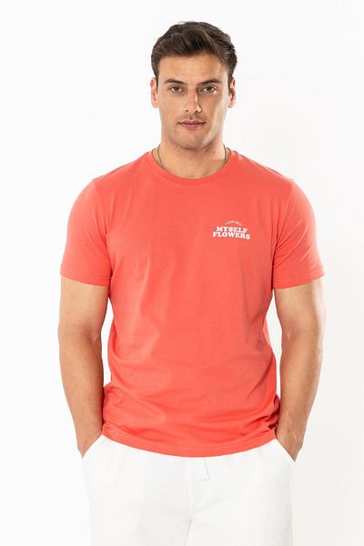 Coredra Flower Regular T-Shirt Ανδρικό - Salmon