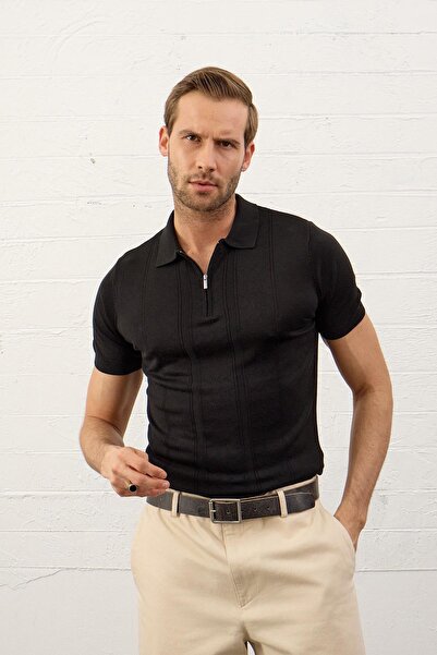 Danger Ανδρικό καλοκαιρινό πλεκτό μπλουζάκι με φερμουάρ σε λεπτή εφαρμογή γιακά πόλο, μαύρο