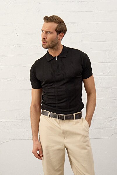 Danger Ανδρικό καλοκαιρινό πλεκτό μπλουζάκι με φερμουάρ σε λεπτή εφαρμογή γιακά πόλο, μαύρο