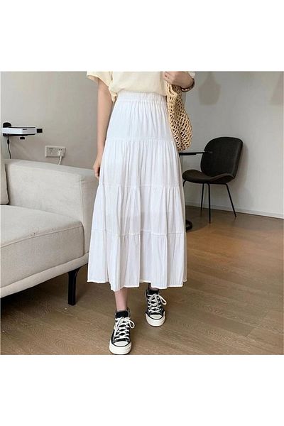 Gofeel Y2k Tech - White, Elastic Waist Loose Long Skirt