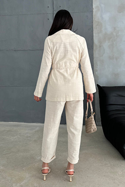 Ortaya Çık Beige Linen Suit with Tie Waist