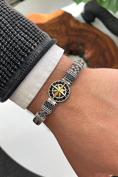 cheetah quality Pusula Figürlü Hakiki Deri Zirkon Taşlı Erkek Bileklik