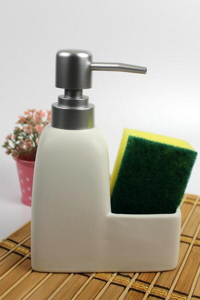 ALBETTO Stonware Sıvı Sabunluk Beyaz Süngerlik Bölmeli 300ml