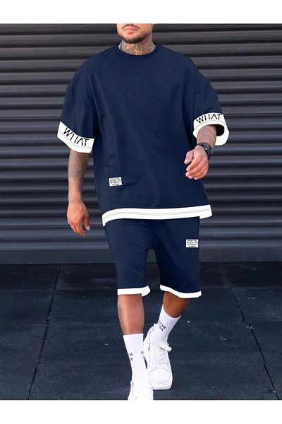 Benisengiydir Unisex Navy Blue Sleeve Detailed Printed Shorts Set