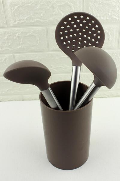ALBETTO Silicone 4 Piece Ladle Colander Set Smoked Steel Handle