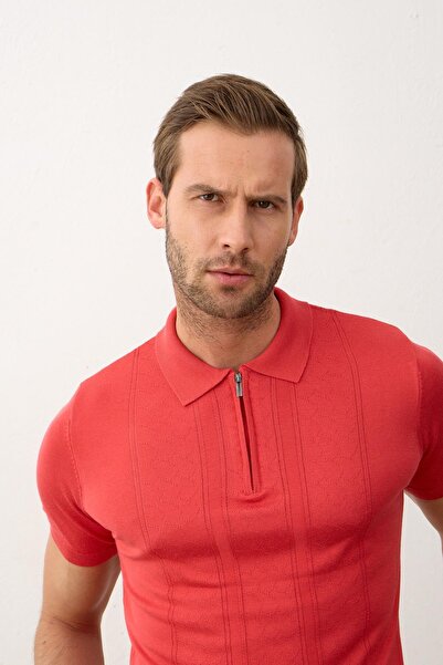 Danger Men's Zippered Slim-fit Fit Polo Collar Summer Knitwear T-shirt Pomegranate Flower