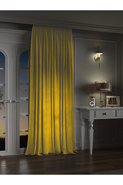 Yakamoz Kadife Görünüm Güneş Sarısı Ada Fon Perde Ekstraforlu Velvet Touch Se...
