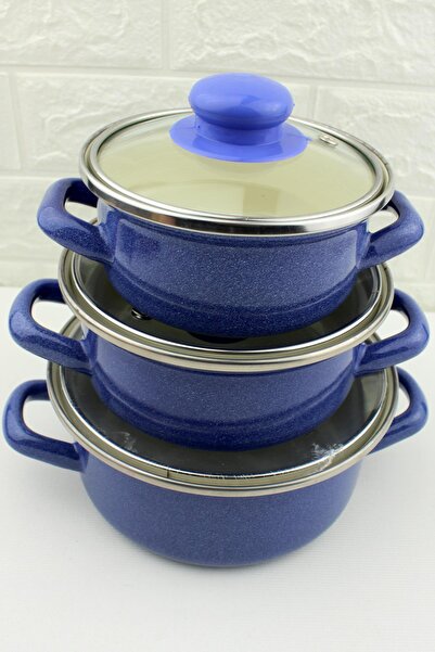 ALBETTO 3 lü Lüks Emaye Mini Tencere Seti Lacivert 12/14/16cm