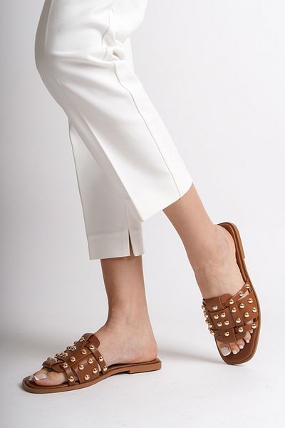 SHOEMARK Trina Women's Daily Slippers - Tan Knit, Banded and Accessory Detailed