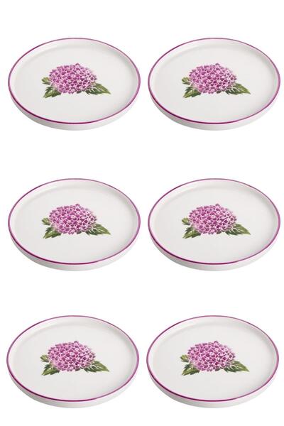 ALBETTO 6 lı Seramik Pasta Tabak Ortanca Dekor Pasta Tabağı 20cm