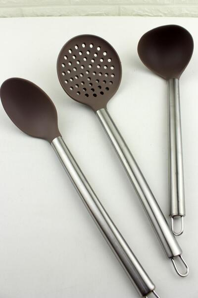 ALBETTO Silicone 4 Piece Ladle Colander Set Smoked Steel Handle