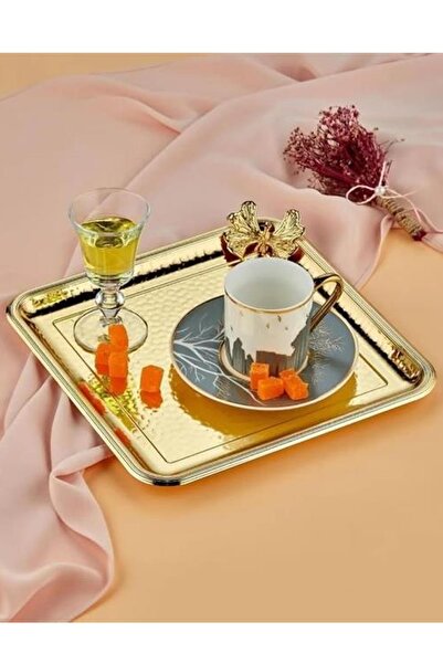 ALBETTO Metal Dövme Kare Tepsi Tek Kişilik Sunumluk Gold 22,5cm