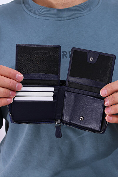 Grande 1579 100% натуральна шкіра Чоловічий гаманець на блискавці Карт-холдер Синій