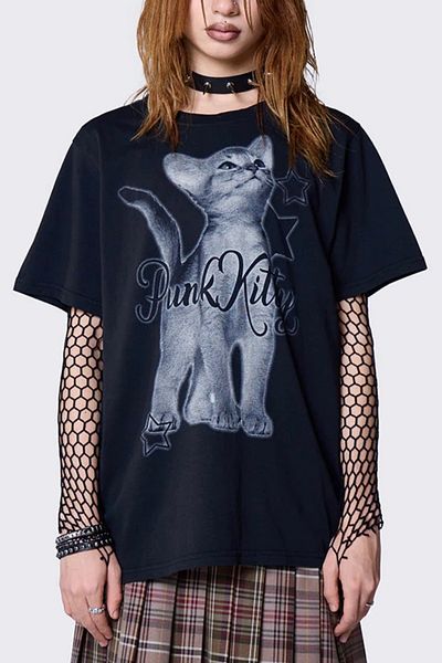 EFBUTİK Black Unisex Punk Kitty Print T-Shirt