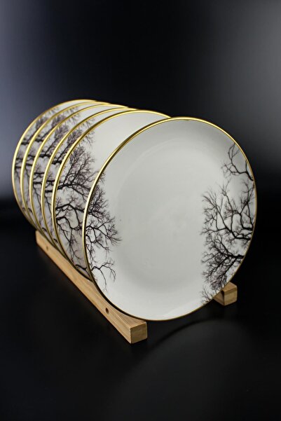 ALBETTO مجموعة من 6 أطباق كيك سيراميك مقاس 19 سم من خشب الطائرة المذهب