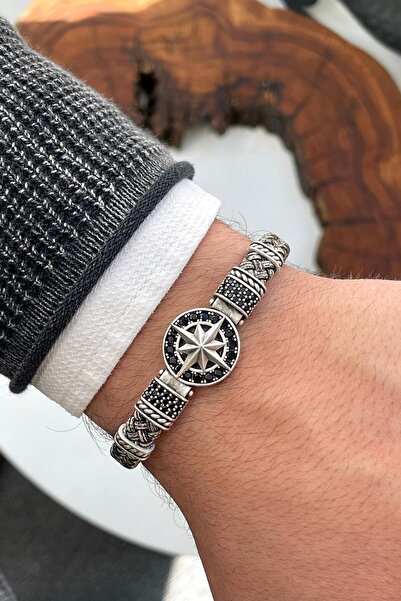 cheetah quality Pusula Figürlü Hakiki Deri Zirkon Taşlı Erkek Bileklik