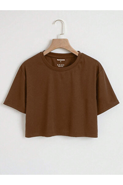 Revasser Kadın Düz Renkli Özel Oversize Pamuk Bisiklet Yaka Penye Crop T-Shirt