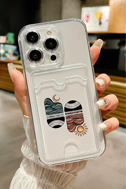 mooodcase iPhone 13 Pro Uyumlu Sunset Wave Desenli Şeffaf Kamera Korumalı ve Kartlıklı Telefon Kılıfı