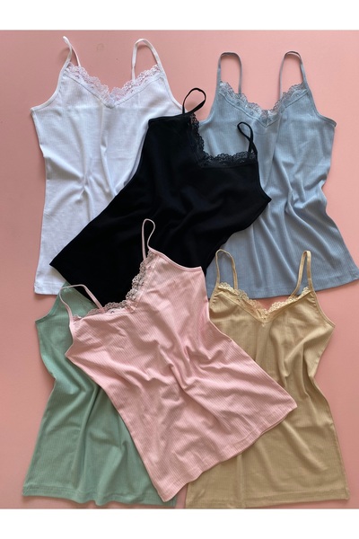 LEYNA BUTİK قميص داخلي نسائي 6 قطع قطن، ليكرا، دانتيل، مضلع (أسود-أبيض-وردي-أزرق-أخضر-جلد)