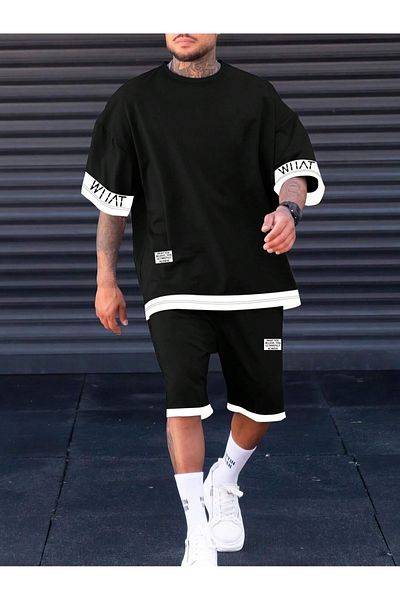 Black Sokak What Printed Shorts-T-shirt Black Set pentru bărbați