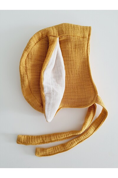 Atölye Hamarat Çift katlı Muslin Kumaş Bonet Tavşan Kulaklı şapka %100 Organik Oeko-teks Sertifikalı