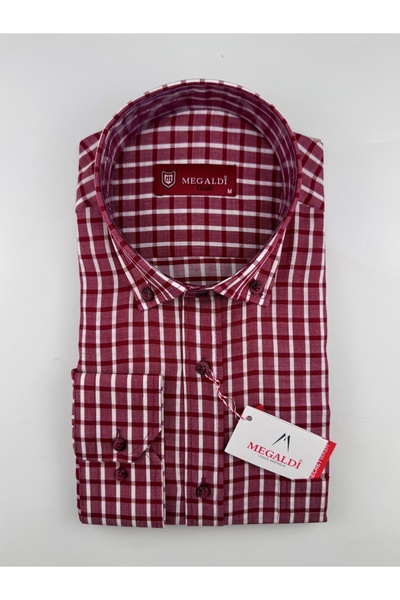 MEGALDİ Erkek Klasik Kesim Piti Kareli Kırmızı Uzun Kollu Cepli Gömlek