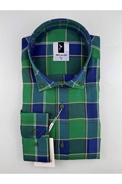 MEGALDİ Erkek Klasik Kesim Ekose Yeşil İndigo Uzun Kollu Cepli Gömlek