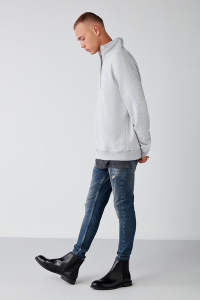 GRIMELANGE Frame Erkek Yarım Fermuarlı Dik Yakalı Yumuşacık Kumaşlı Polarlı Regular Grimelanj Sweatshirt