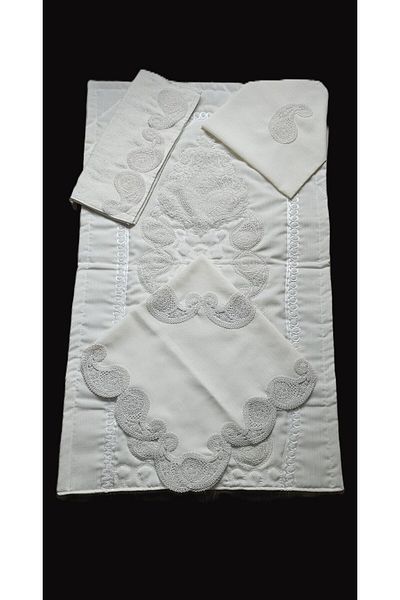 ZESA HOME Linen Laced 4 Piece Dowry Prayer Rug Set