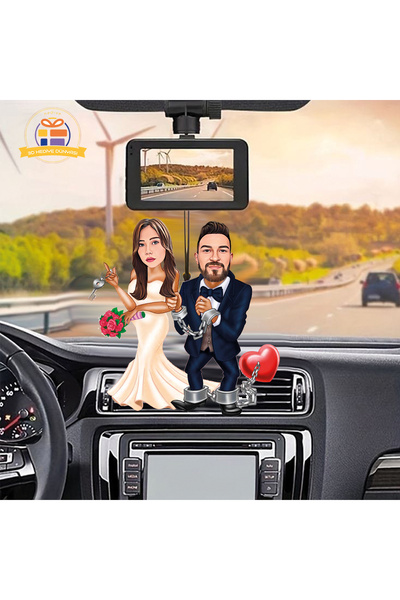 3D Hediye Dünyası Gelin Damat artık anahtarın bende karikatürü Araba Dikiz ay...