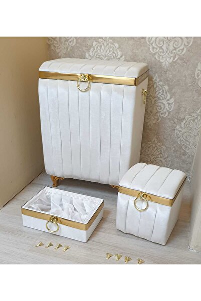 AsilHome ÇİZGİLİ  GOLD ŞERİTLİ MDF KİRLİ ÇAMAŞIR SEPETİ