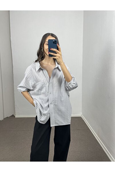 Myrum butik Gri Çizgili Oversize Viskon Gömlek