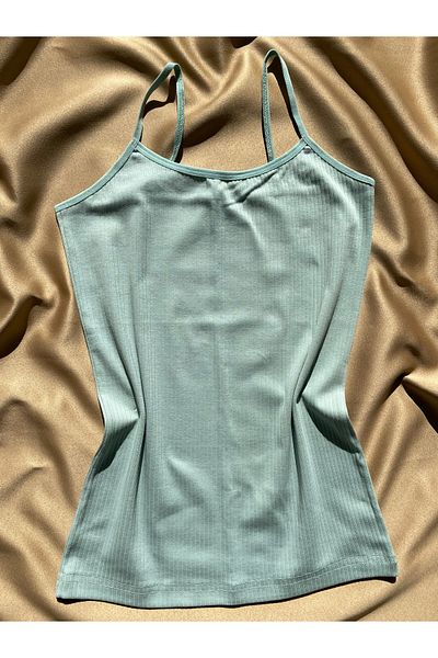 LEYNA BUTİK Corded Cotton Lycra Oval Collar Rope Strap Green Color Women's Blouse-Singlet