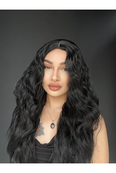 Suzan Peruk Wag Dalgalı Medikal üst kısmı cilt görünümlü Medikal peruk Siyah