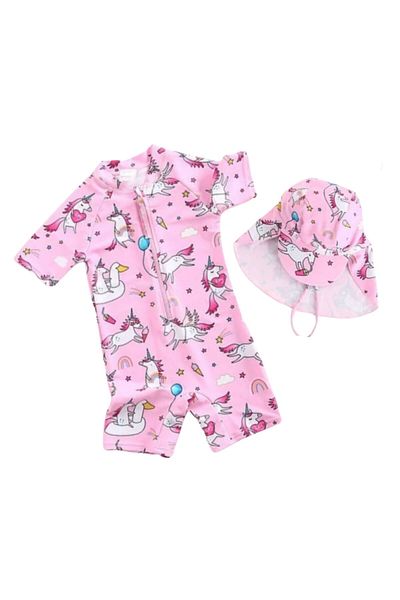 Petityu Upf50+ Pink Unicorn Blue Balloon Patterned Female Child Hat Swimsuit Set