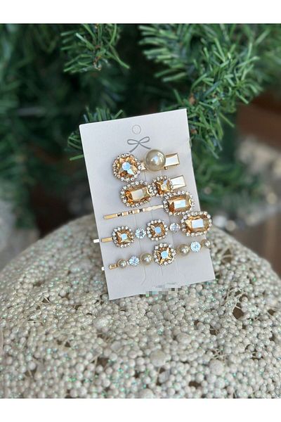 QUEEN AKSESUAR Set de 5 bucăți de lux, cu perle cu bijuterii, cu șinuri, set de catarame laterale metalice pentru femei, copii, aur
