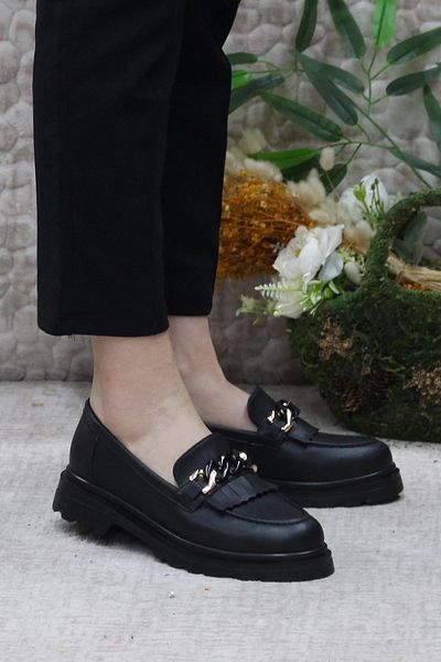 fort 85116 Black Leather Buckle Detailed Comfortable Loafer Women's Shoe