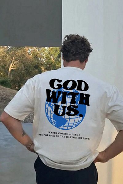 AEMİ Tricou alb unisex, God With Us, cu imprimeu pe spate și pe piept, supradimensionat, 100% bumbac