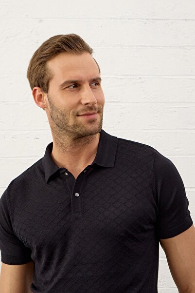 Danger Ανδρικό μπλουζάκι με μαλακή υφή και λεπτή εφαρμογή με γιακά πόλο λεπτό πλεκτό Dark Navy