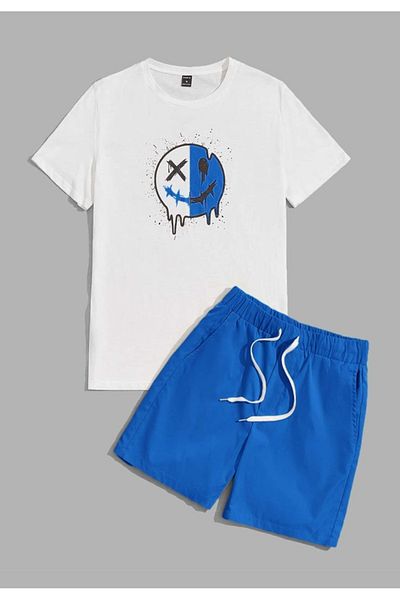 Sky Light Unisex White Printed T-Shirt - Blue Shorts - Summer