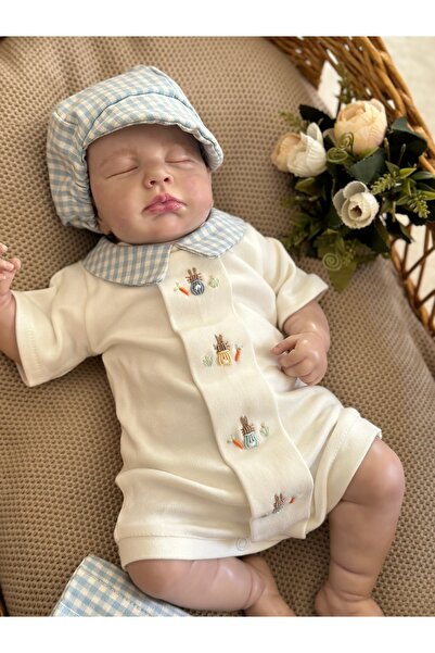 Mama Miel Baby Mavi Pötikare Kumaş Şortlu El İşi Tavşan Detaylı Çıtçıtlı Body Kasket Takım