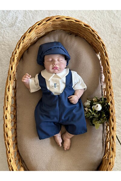 Mama Miel Baby Erkek Bebek Lacivert Salopet El İşi Kuşlu Çıtçıtlı Body ve Kas...